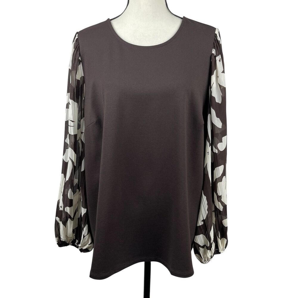 Nine West Women's Top 1X Brown Long Sheer Pleated Sleeve Abstract Print Blouse